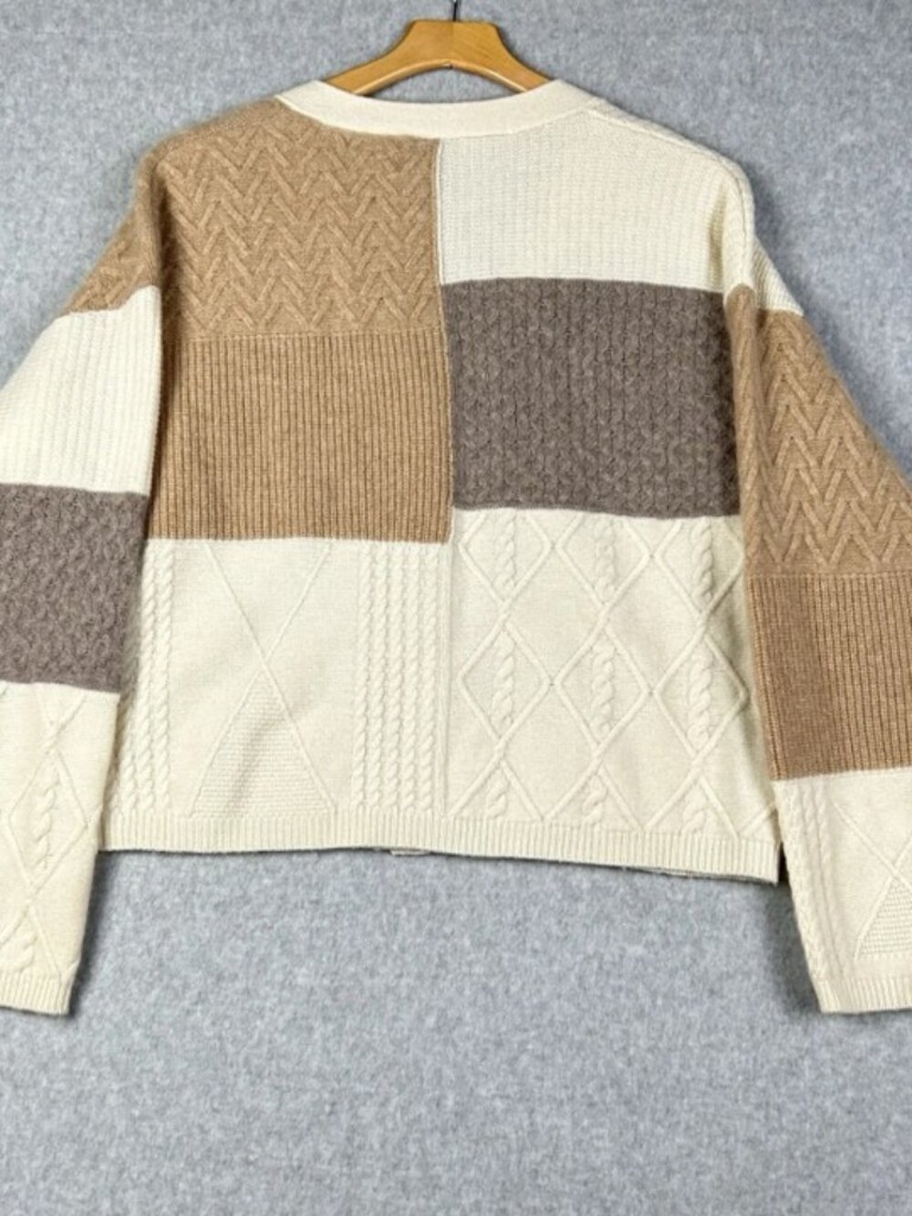 Magaschoni Womens Cashmere Cream Brown Colorblock Knit Cardigan L Boxy Cozy Luxe - Picture 4 of 11